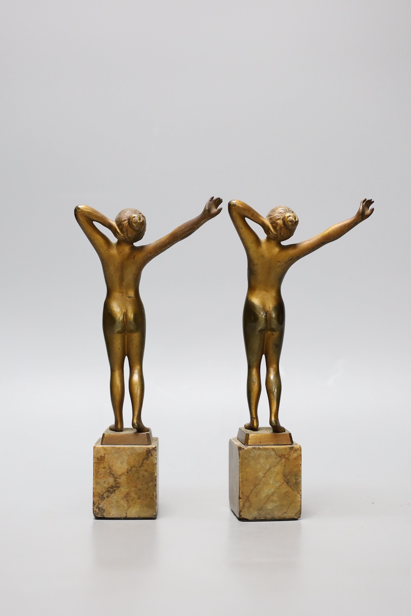 Two early 20th century bronze figures of nude women on marble bases, 21cm